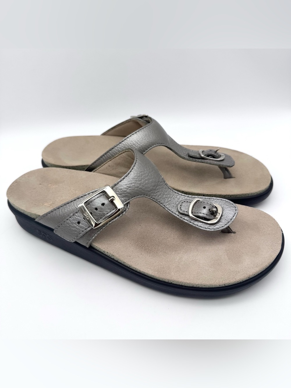 SAS Sanibel Metallic Pewter Leather T-Strap Comfort Slide Sandals Women's 8.5 M